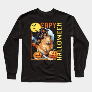 CAPY HALLOWEEN, CAPYBARA, PUMPKINS, BATS & HAUNTED HOUSE Long Sleeve T-Shirt